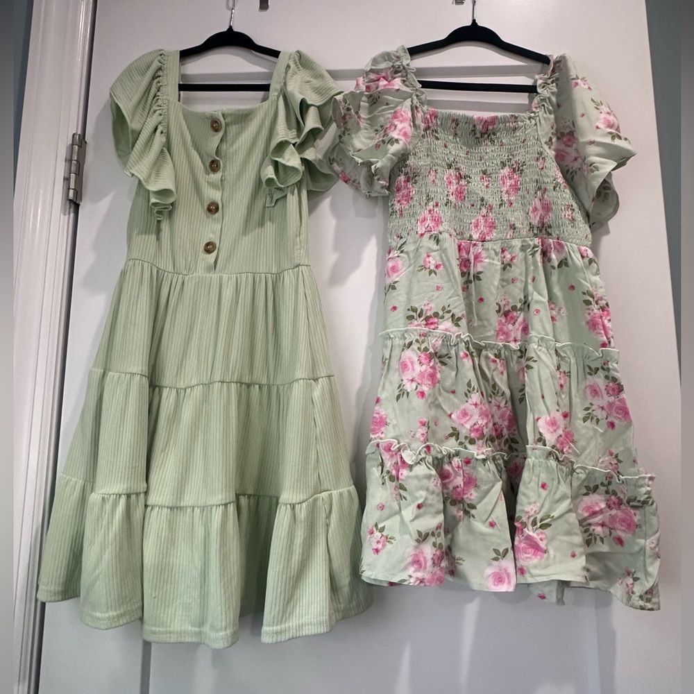 btween Green Sundresses with Flutter Sleeves and Square Neck